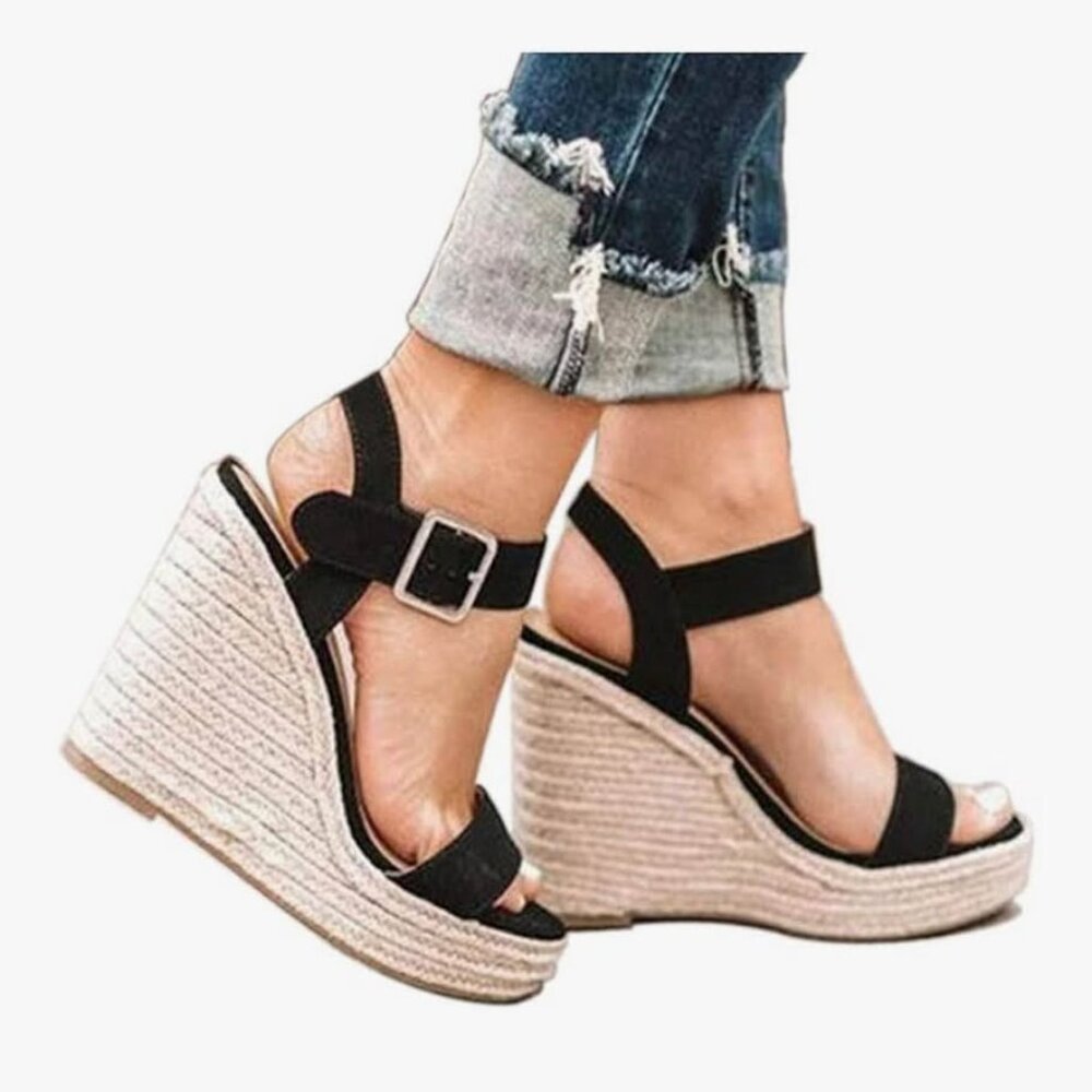VICKI·VICKI Women's Platform Sandals Wedge Ankle Strap Open Toe Sandals （Black)